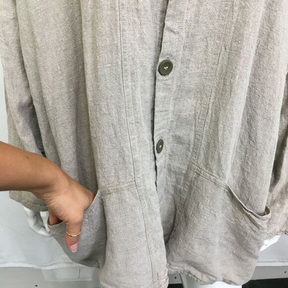 Flax Tan 100% Linen Oversized Lagenlook Button Shirt Jacket Shaket L - Picture 8 of 13
